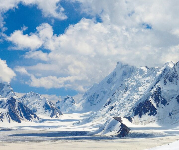 Majestic view of Snow Lake on the Biafo Hisper Glacier in the Karakoram Range.